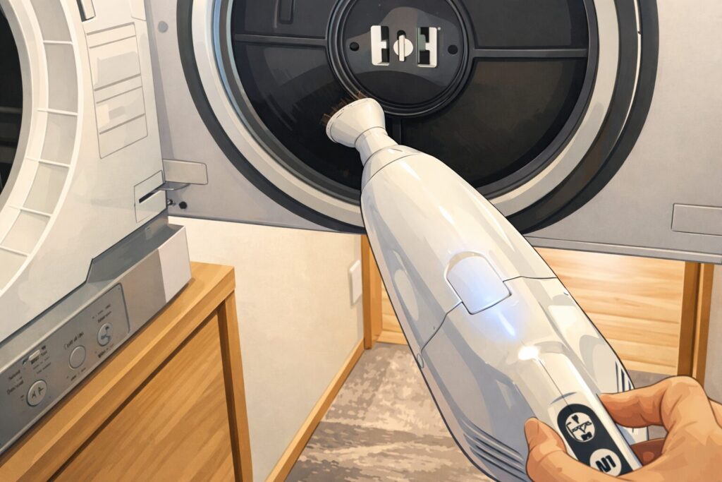 乾太くんのドラム内部を小型ブラシ付き掃除機で清掃しているイメージイラスト。定期メンテナンス作業の様子。