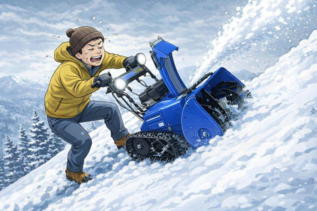 急な斜面で除雪機を操作しようとするものの、足を踏ん張りながら必死に押しており、雪に足を取られて苦労している人物の様子を描いたイメージイラスト。除雪機は斜面に対して不安定で、作業の大変さが伝わる構図。