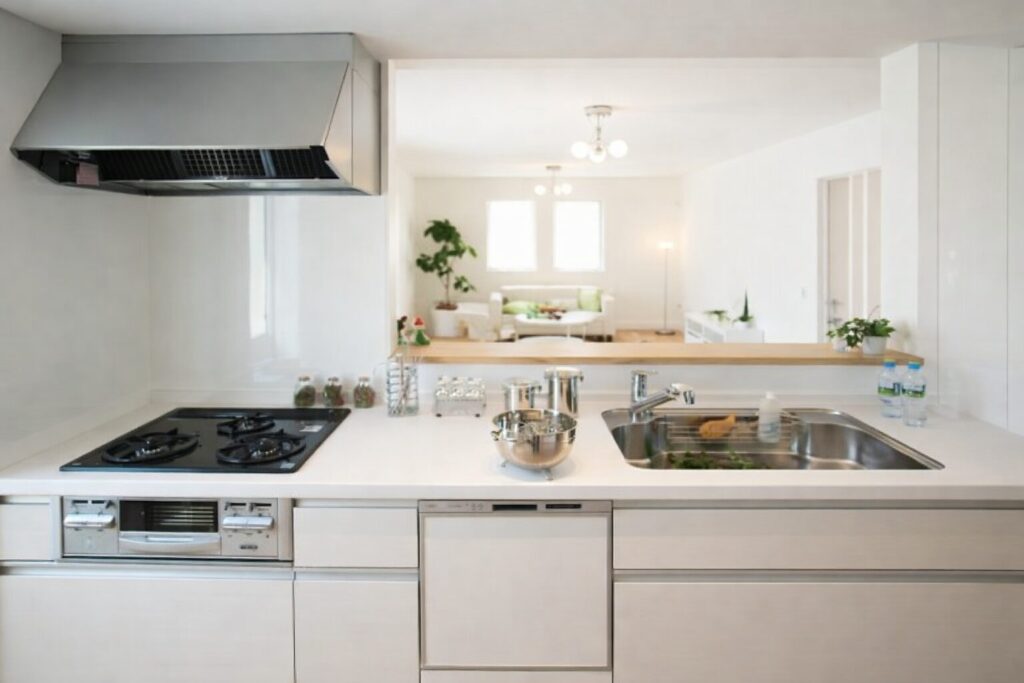 明るい対面式キッチンの全景。左側にステンレス製のレンジフードとガスコンロ、右側にシンクと食洗機が配置され、奥にはリビングスペースが広がっている様子。