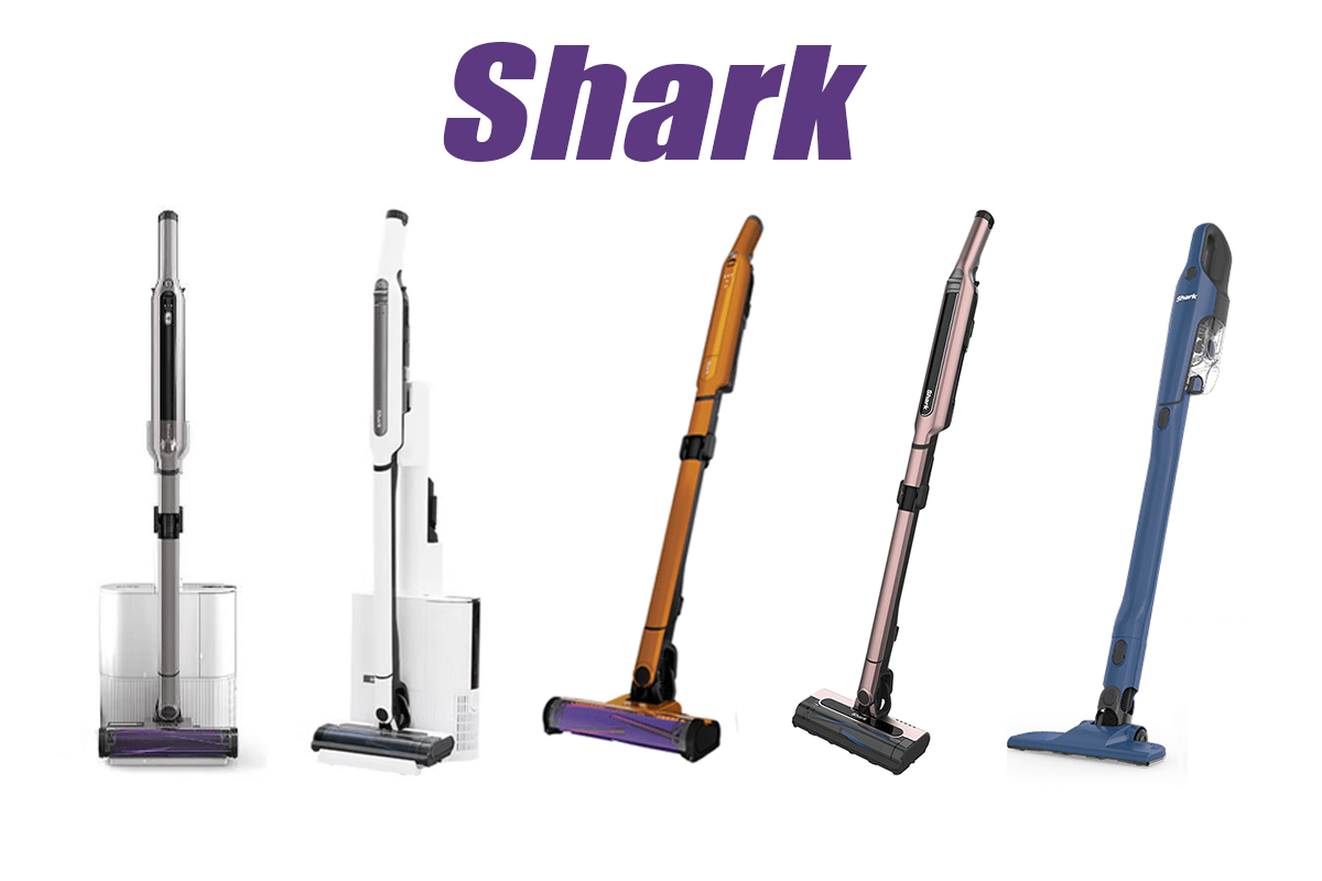 Sharkのコードレス掃除機各モデルがカラー別に並んでいる製品ラインナップ