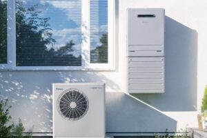 住宅外壁に設置されたパロマ製の給湯器とヒートポンプユニット。窓の下に室外機が配置され、給湯システム一式の設置状況が確認できる。