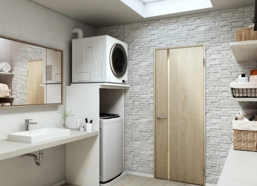 洗面台横の上部スペースにガス衣類乾燥機を設置した脱衣所全体のレイアウト