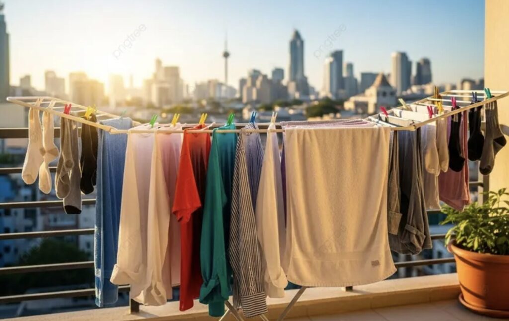 都市のベランダで夕方に干された洗濯物。大気環境を考慮した外干し判断のイメージ。