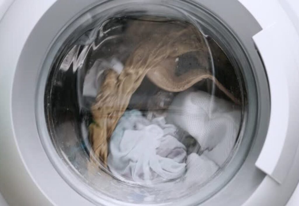 ドラム式洗濯機で衣類を洗っている様子。PM2.5や花粉が付着した洗濯物の再洗浄イメージ。