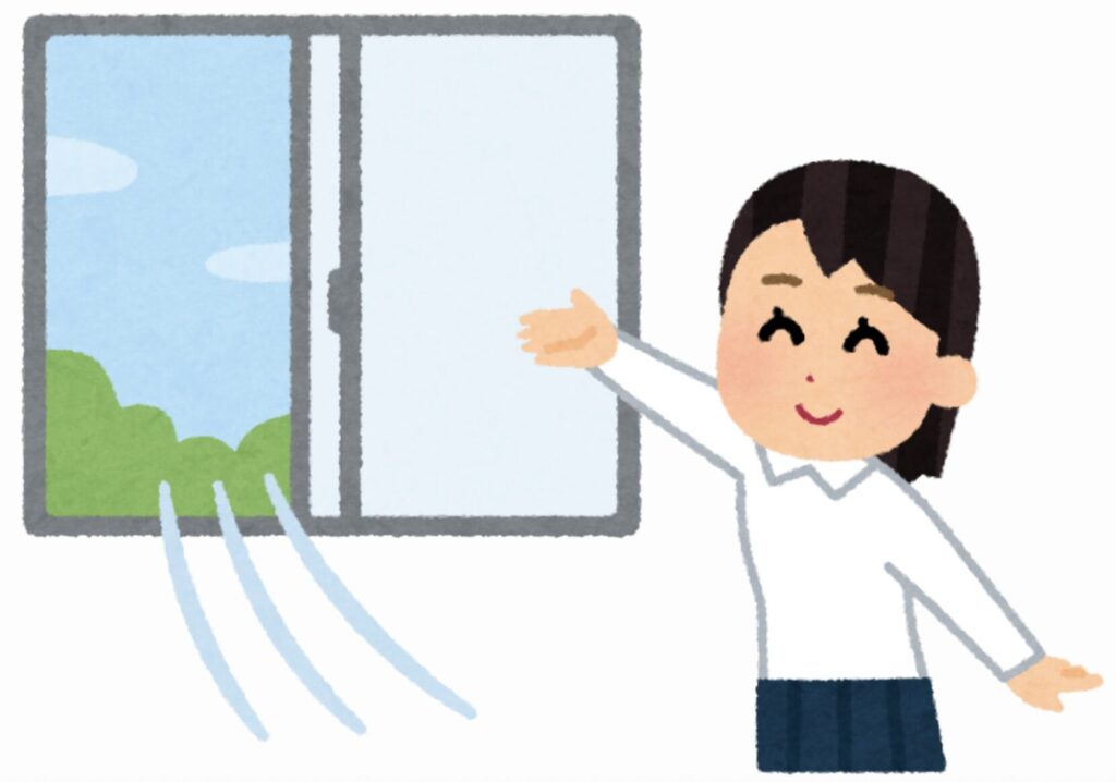 窓を開けて自然換気をしている女性のイラスト。室内の空気を入れ替える換気対策のイメージ。