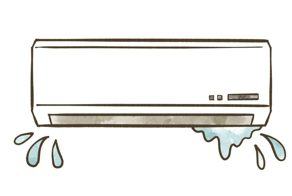 水色の水滴がエアコン下部から落ちている様子を描いた手描き風イラスト
