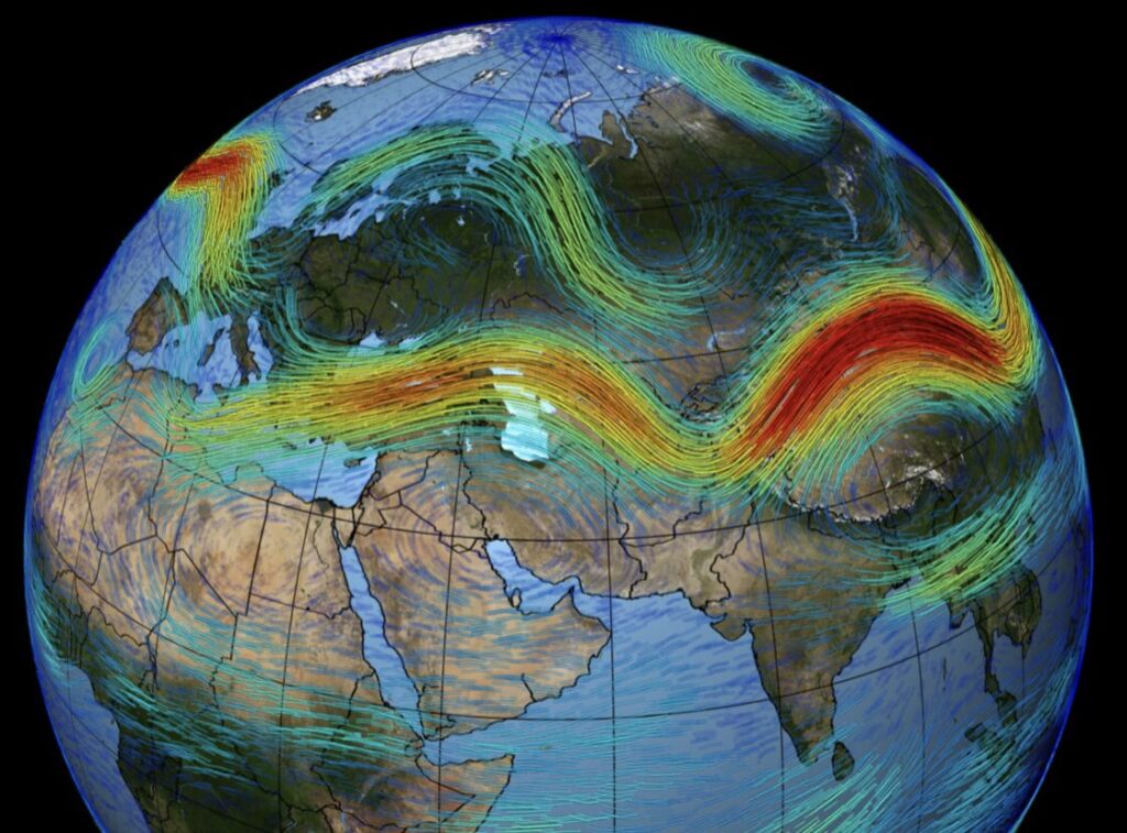地球規模で大気の流れを示したジェット気流の可視化イメージ