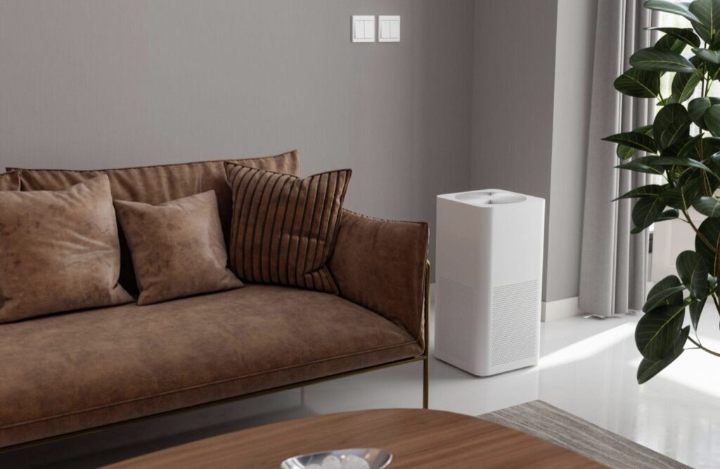 リビングのソファ横に設置された空気清浄機と観葉植物がある室内空間