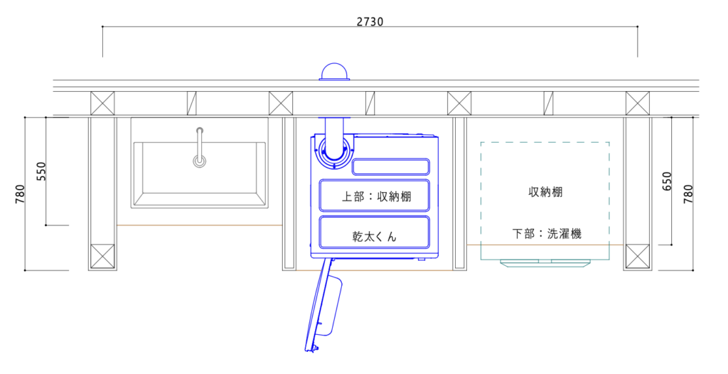 乾太くん設置寸法の立面図。排気ダクト配管経路と本体サイズ、壁面開口寸法が示された施工図面。