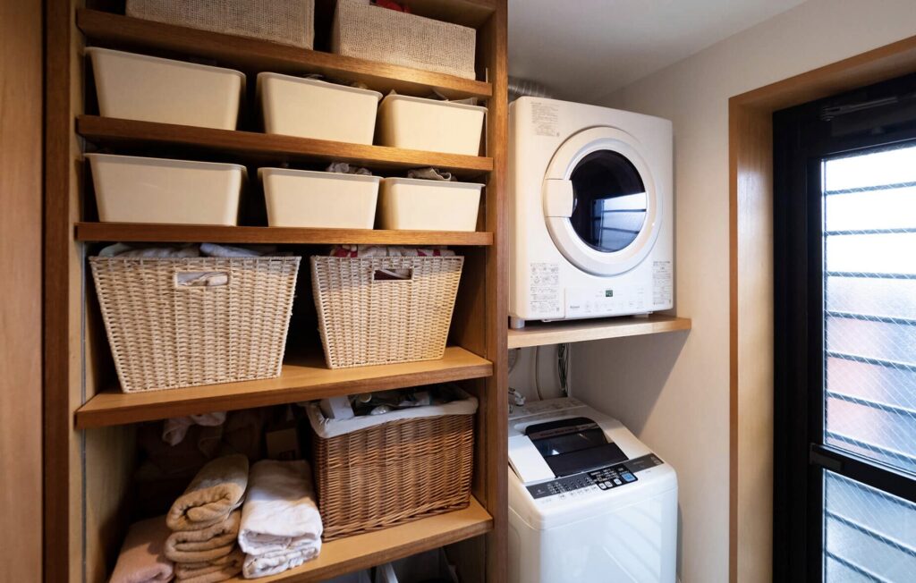 木製棚に収納ボックスとカゴが整然と並ぶランドリースペース。横に設置された白いガス衣類乾燥機と縦型洗濯機のある室内風景。