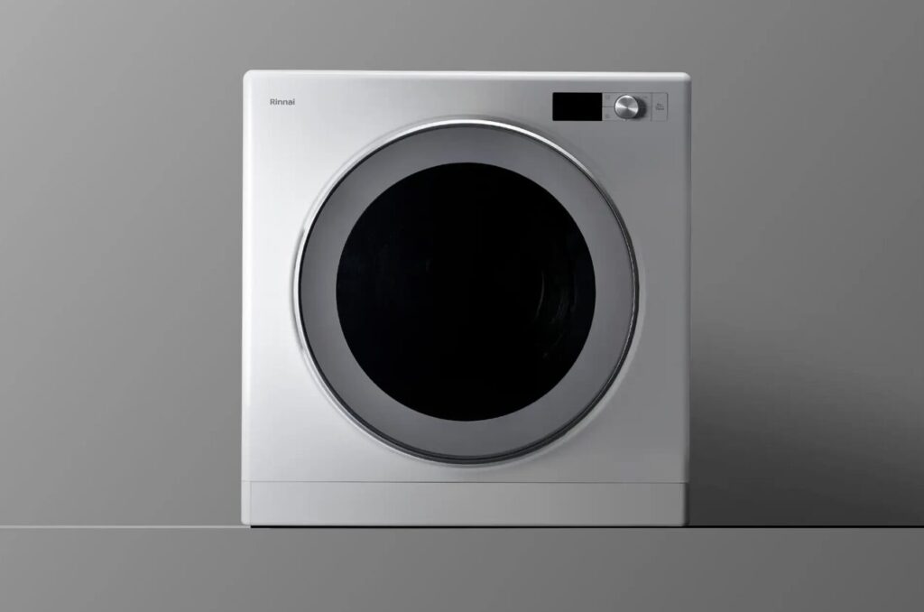 白いリンナイ製ガス衣類乾燥機「乾太くん」の正面外観。シンプルなスクエアデザインと大きな丸窓ドアが特徴的な本体イメージ。