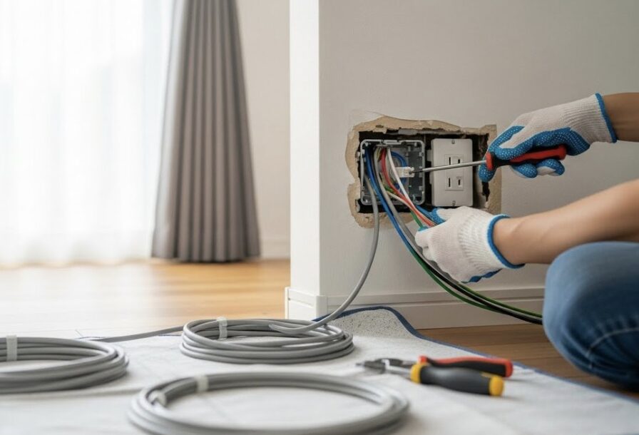 壁の開口部から出た電線をコンセントに接続している作業風景。床には巻かれた電線と工具が並んでいる。