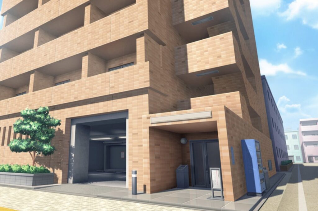 集合住宅の外観イメージ。都市ガス供給が想定される中層マンションのエントランス部分。