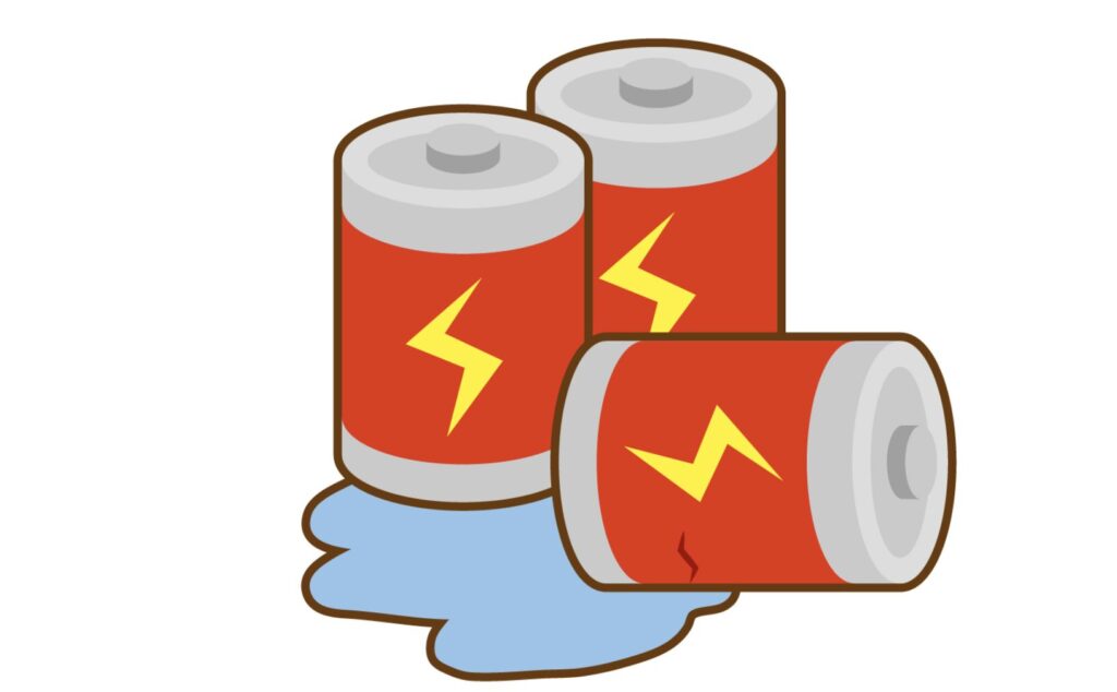液漏れして青い液体が広がっている乾電池のイラスト。