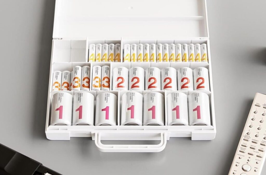 単1・単2・単3・単4電池がサイズ別に整理され、白いケースに並べて収納されている様子。