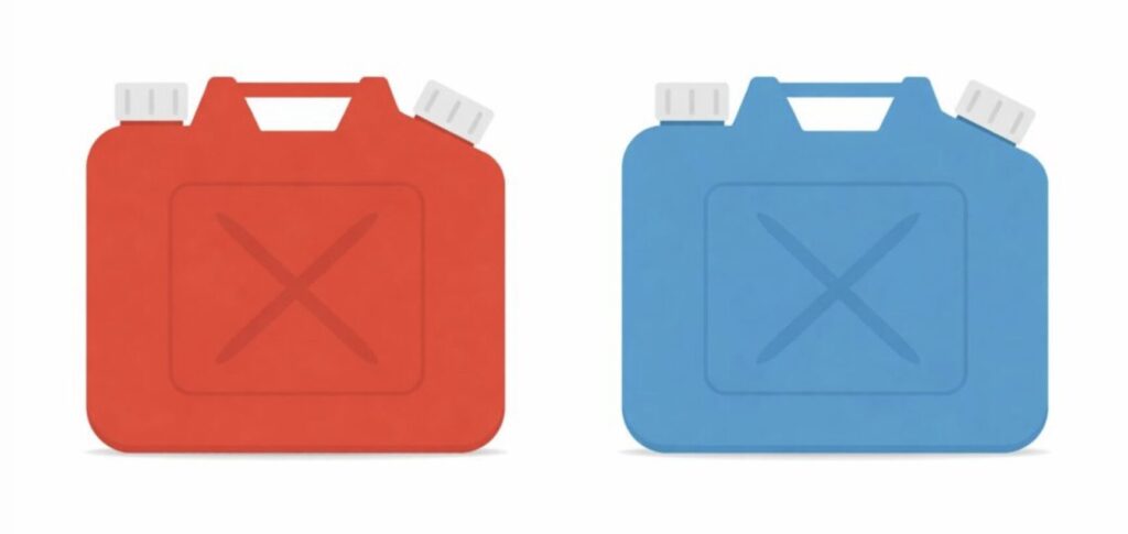 赤色と青色の灯油ポリタンクを並べたシンプルなイラスト。正面から見た形状で、中央にX字のくぼみが入っているデザイン。