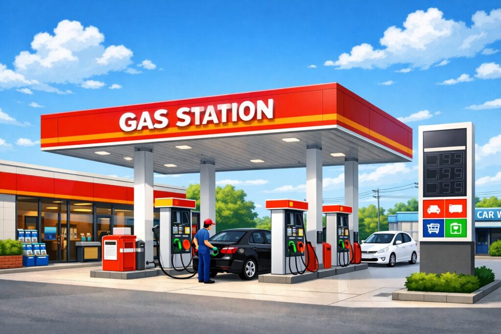 ガソリンスタンドで車に給油している様子のイラスト