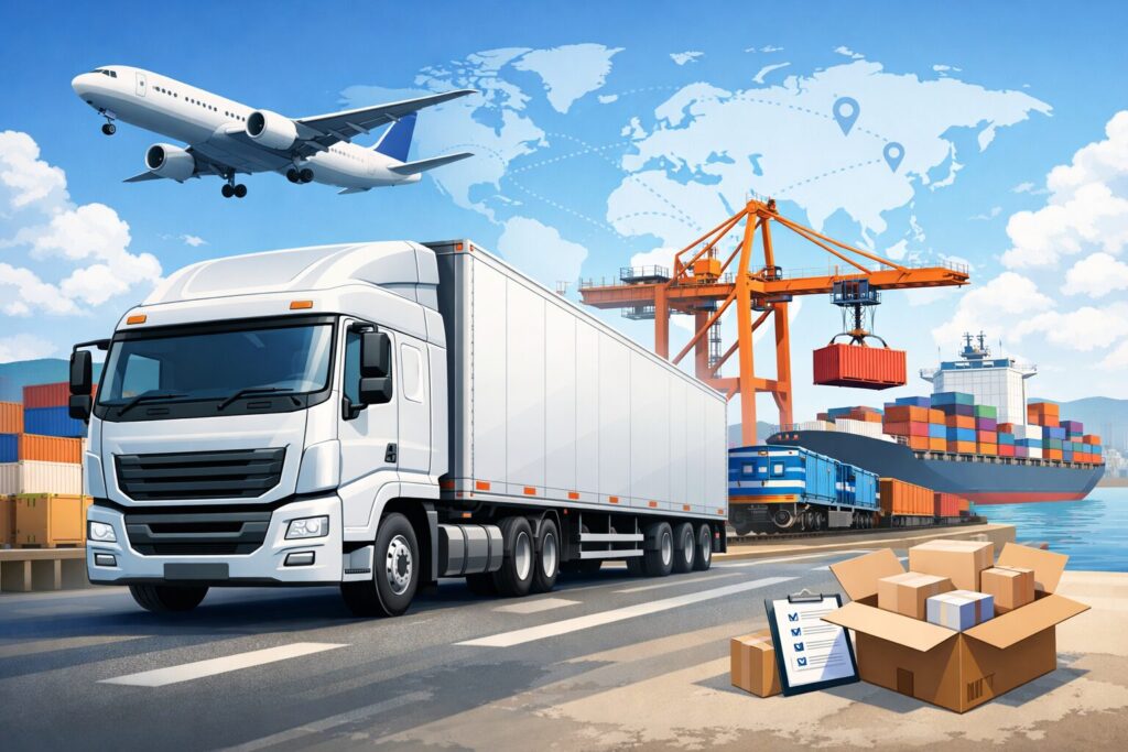 物流拠点を背景に大型トラックが走行し、コンテナや貨物輸送の流れを表現した物流イメージイラスト