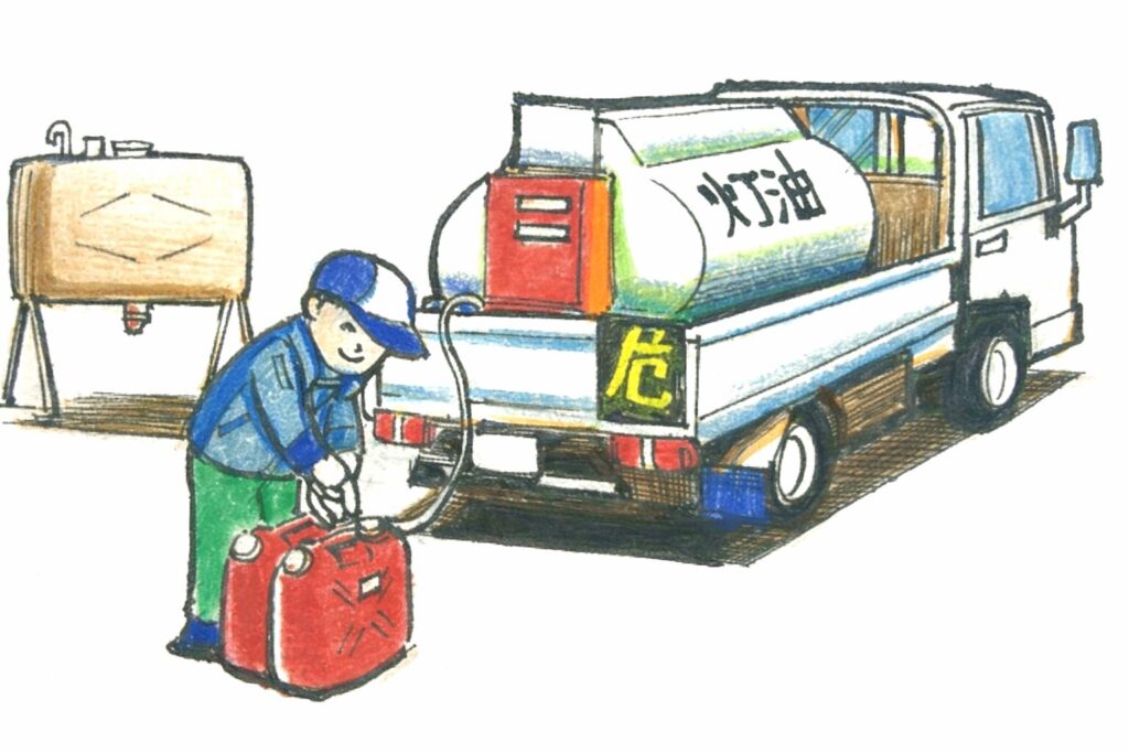 灯油タンクを積んだ配送車からポリタンクへ灯油を給油している作業員のイラスト