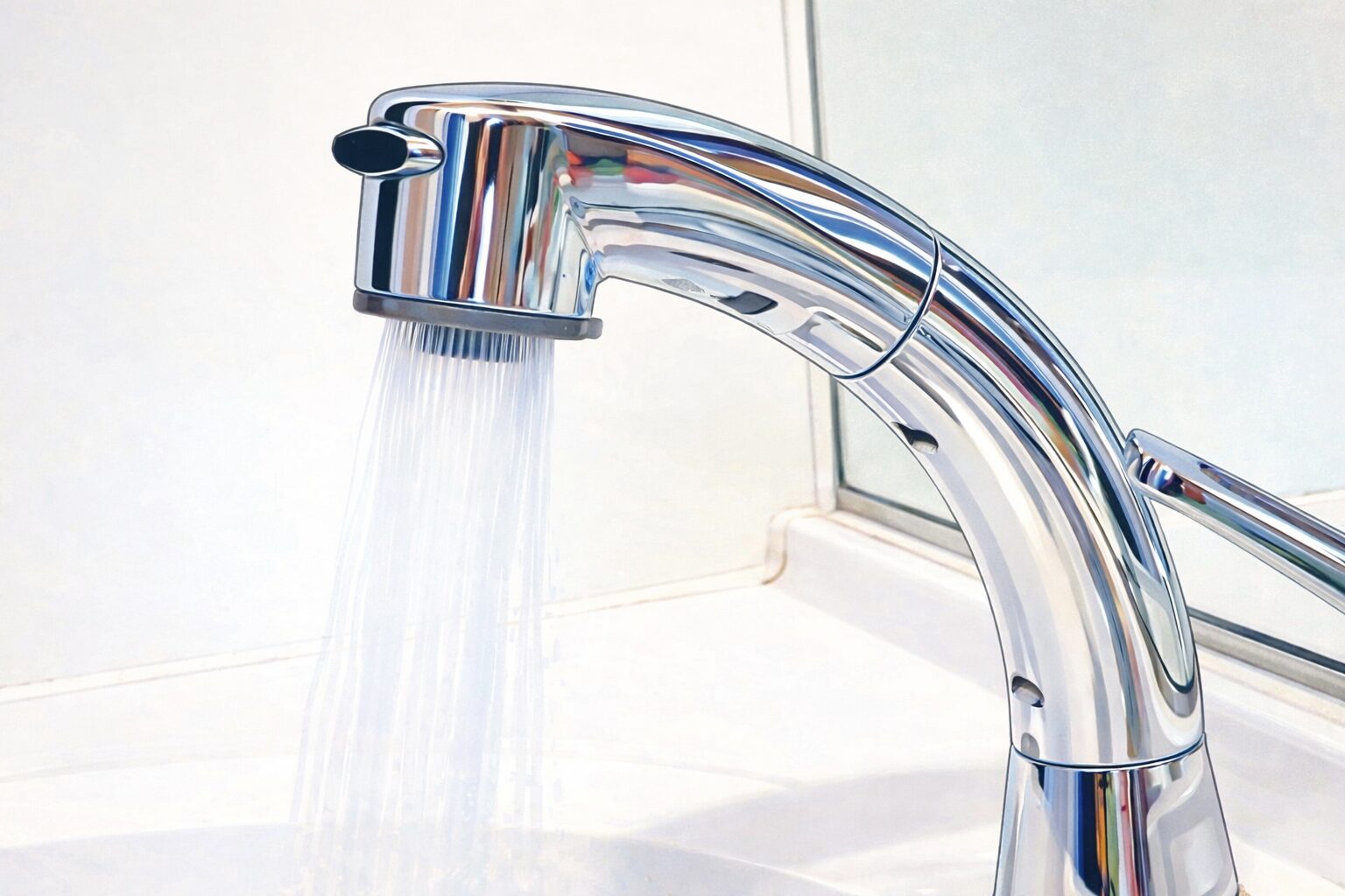 シンプルなイラスト風で描かれたクロームの蛇口から水が流れている様子