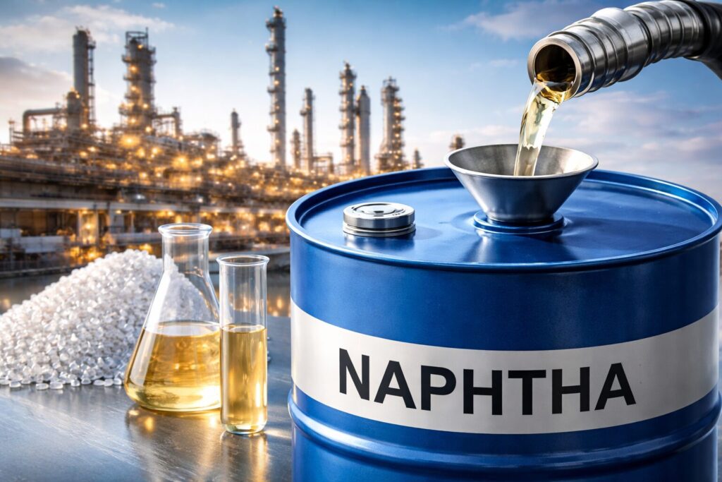 精製プラントを背景にドラム缶へナフサを注ぐ様子と化学フラスコが並ぶ石油精製のイメージ