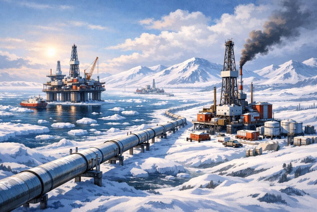 氷と雪に覆われた北極圏で、陸上の掘削施設と海上プラットフォーム、長く伸びるパイプラインが稼働する原油開発のイメージイラスト