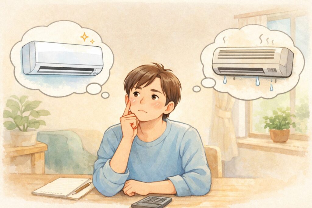 新しいエアコンと古いエアコンを思い浮かべながら買い替えを悩む男性の様子を柔らかいタッチで描いたイラスト