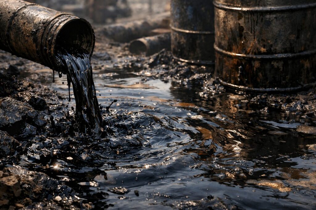 重油がパイプから流れ出し、黒く粘り気のある液体が地面に広がる工業現場の様子
