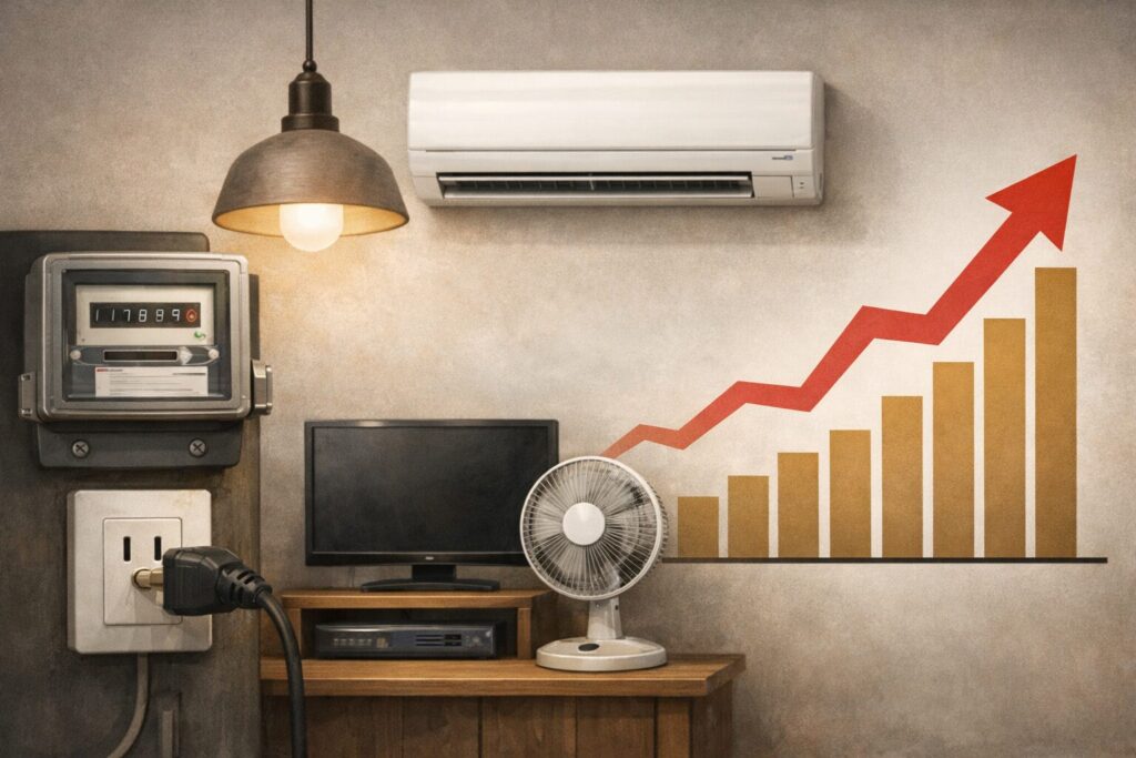 家庭の電気メーターや家電とともに電気料金の上昇を示す右肩上がりのグラフが描かれたイラスト