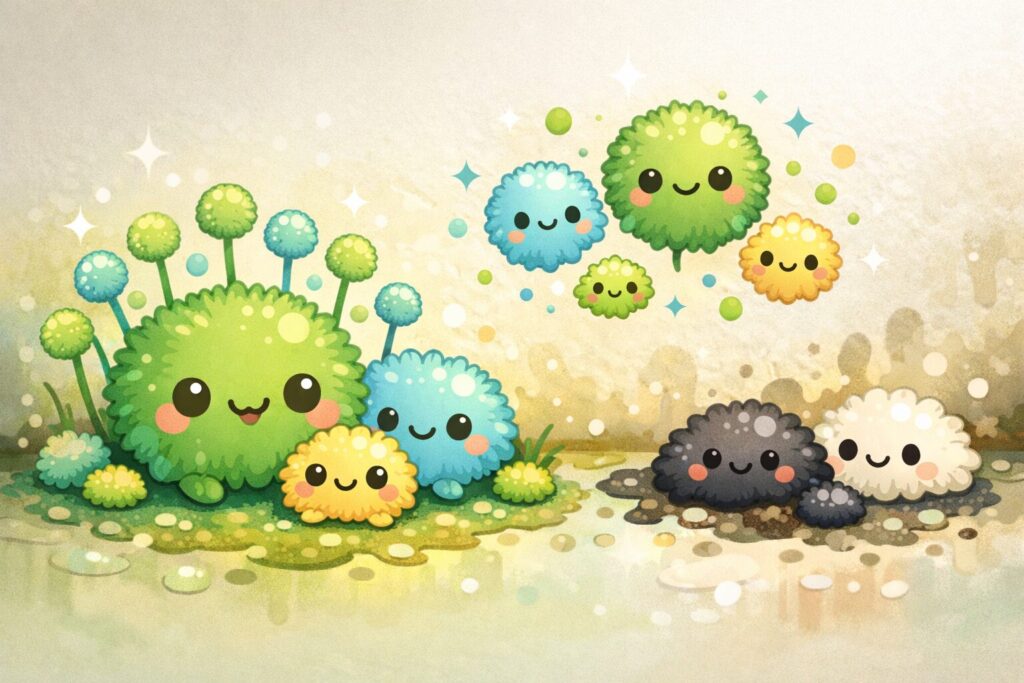 可愛らしいキャラクターのように描かれたカラフルなカビや菌のイメージイラスト
