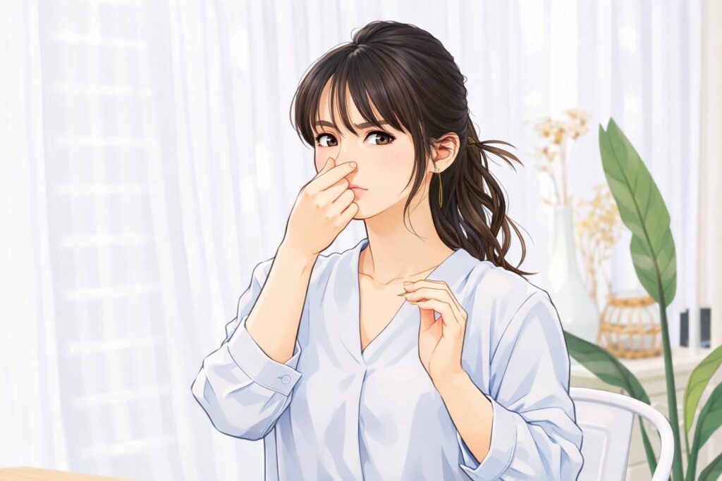 不快なにおいを感じて鼻をつまむ女性のイラスト。明るい室内で困った表情をしている様子。