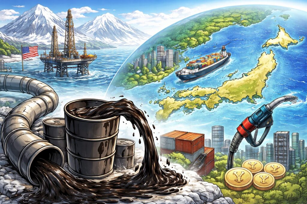 アラスカの油田からパイプラインで運ばれた原油が海を越えて日本へ輸送され、都市や燃料供給に影響している様子を描いたイラスト