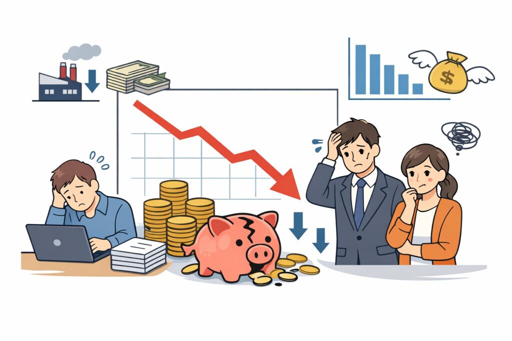 コスト増加により利益が減少し、下降グラフと割れた貯金箱を前に頭を抱える会社員たちのイラスト。コストを吸収できず経営が苦しい企業の状況を表している。