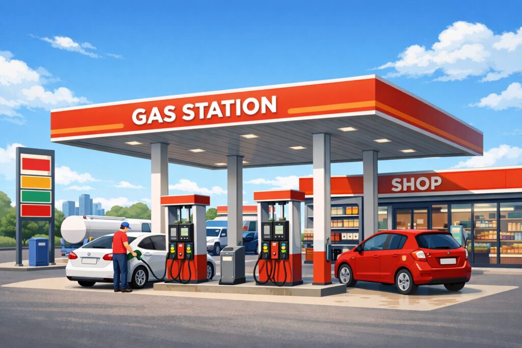 横長のガソリンスタンドで車に給油している様子とコンビニ併設店舗が描かれた外観イラスト