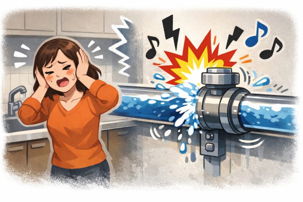 配管内でウォーターハンマーが発生し大きな衝撃音に驚く人物を描いたイメージ