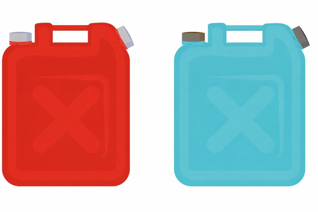 灯油を運搬するタンクローリー車のシンプルなイラストで、白い車体に赤いラインと危険物表示が描かれているデザイン