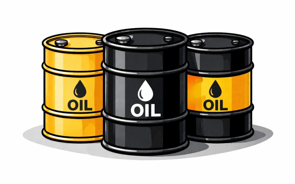 黒と黄色の石油バレル(ドラム缶)が複数並び、一部は横倒しになっているシンプルなイラスト。エネルギー資源や原油をイメージした構図
