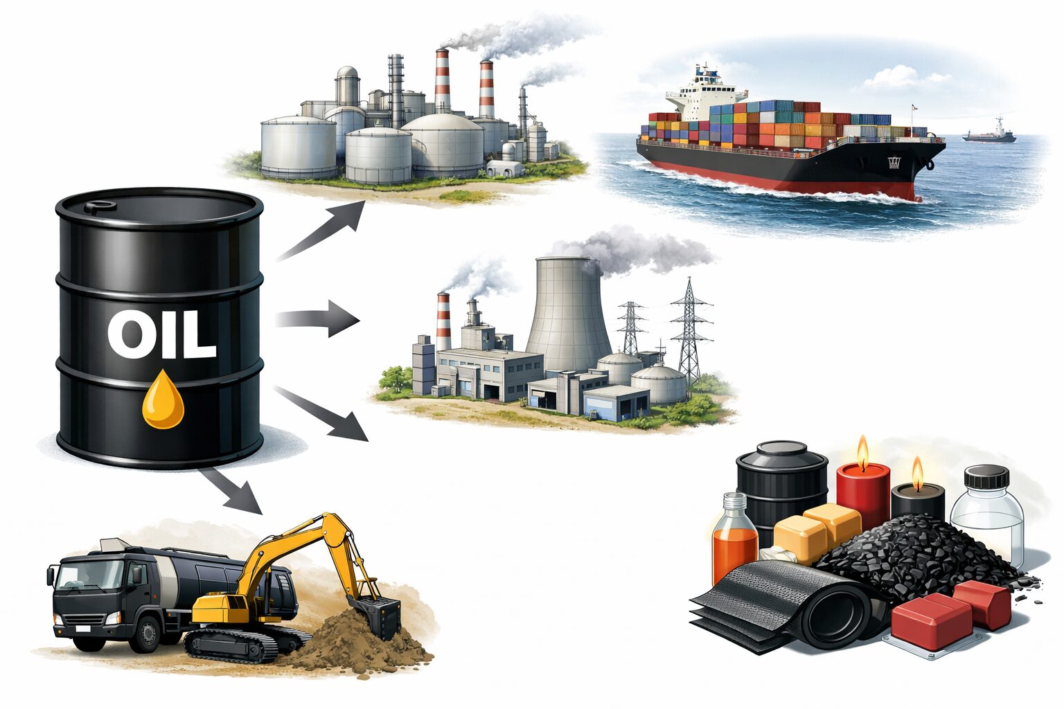 重油が発電所・船舶・工場設備などで燃料として利用される様子を示したイラスト