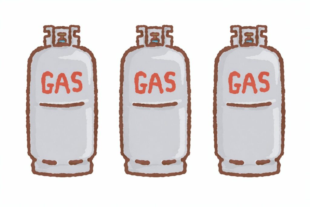 3本のプロパンガスボンベが横一列に並んだシンプルなイラスト（赤いGAS表記付き）