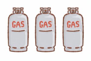 3本のプロパンガスボンベが横一列に並んだシンプルなイラスト（赤いGAS表記付き）