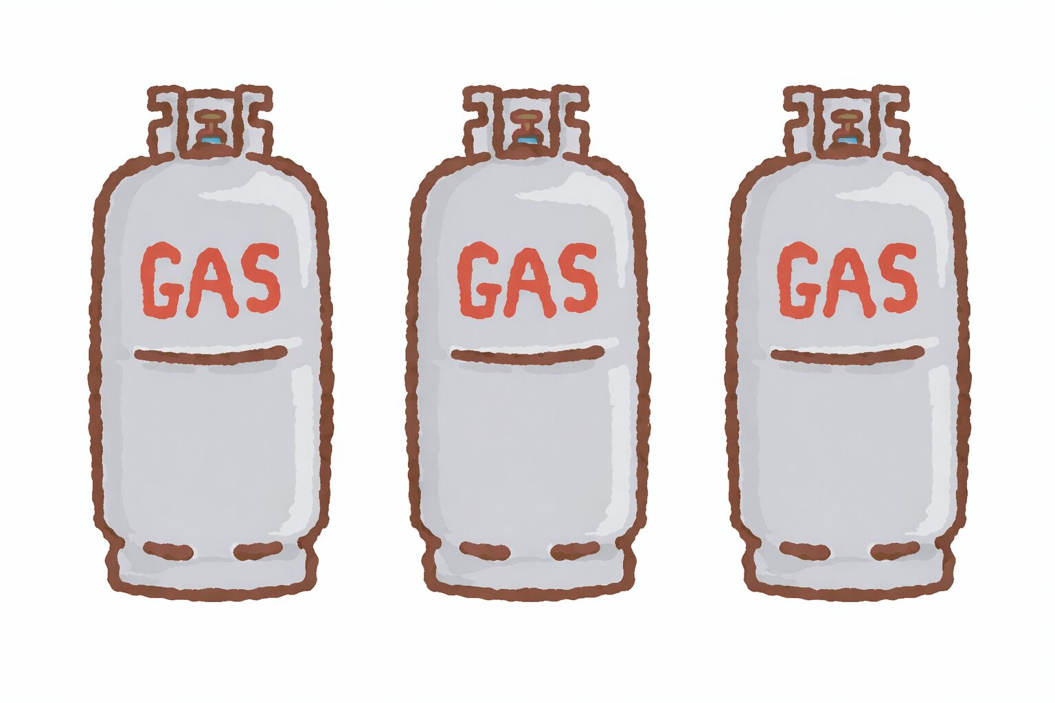3本のプロパンガスボンベが横一列に並んだシンプルなイラスト(赤いGAS表記付き)