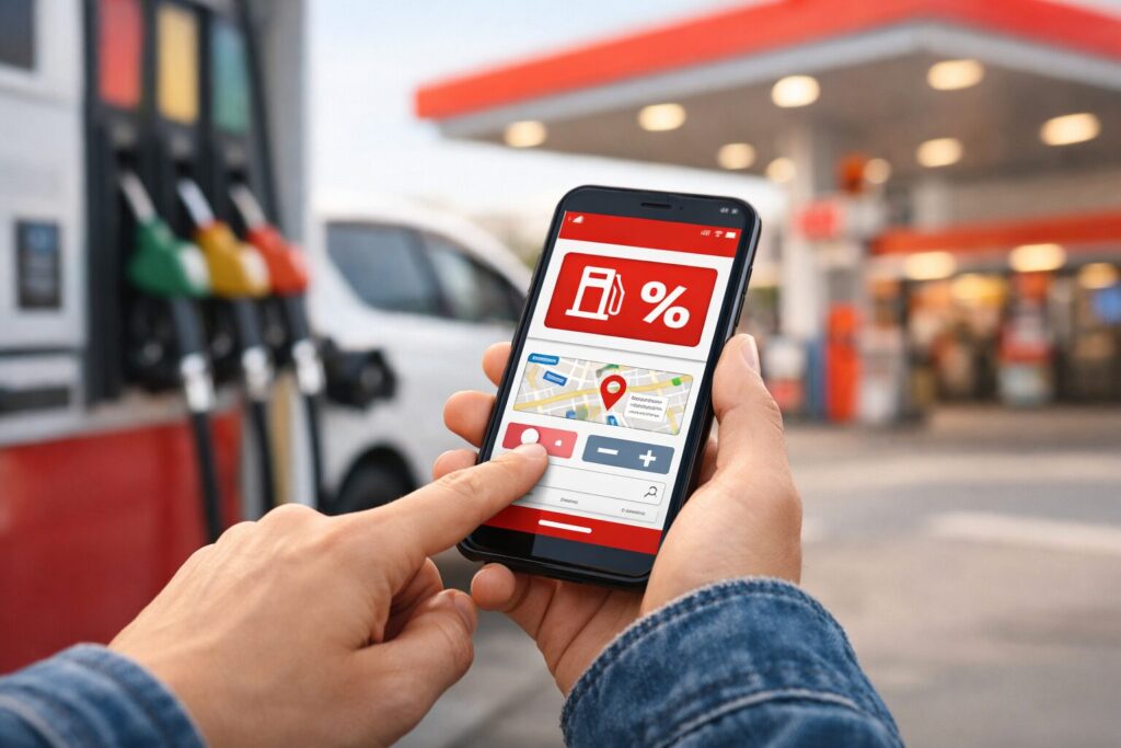 ガソリンスタンドでスマートフォンのアプリを操作し、割引クーポンや給油情報を確認している様子