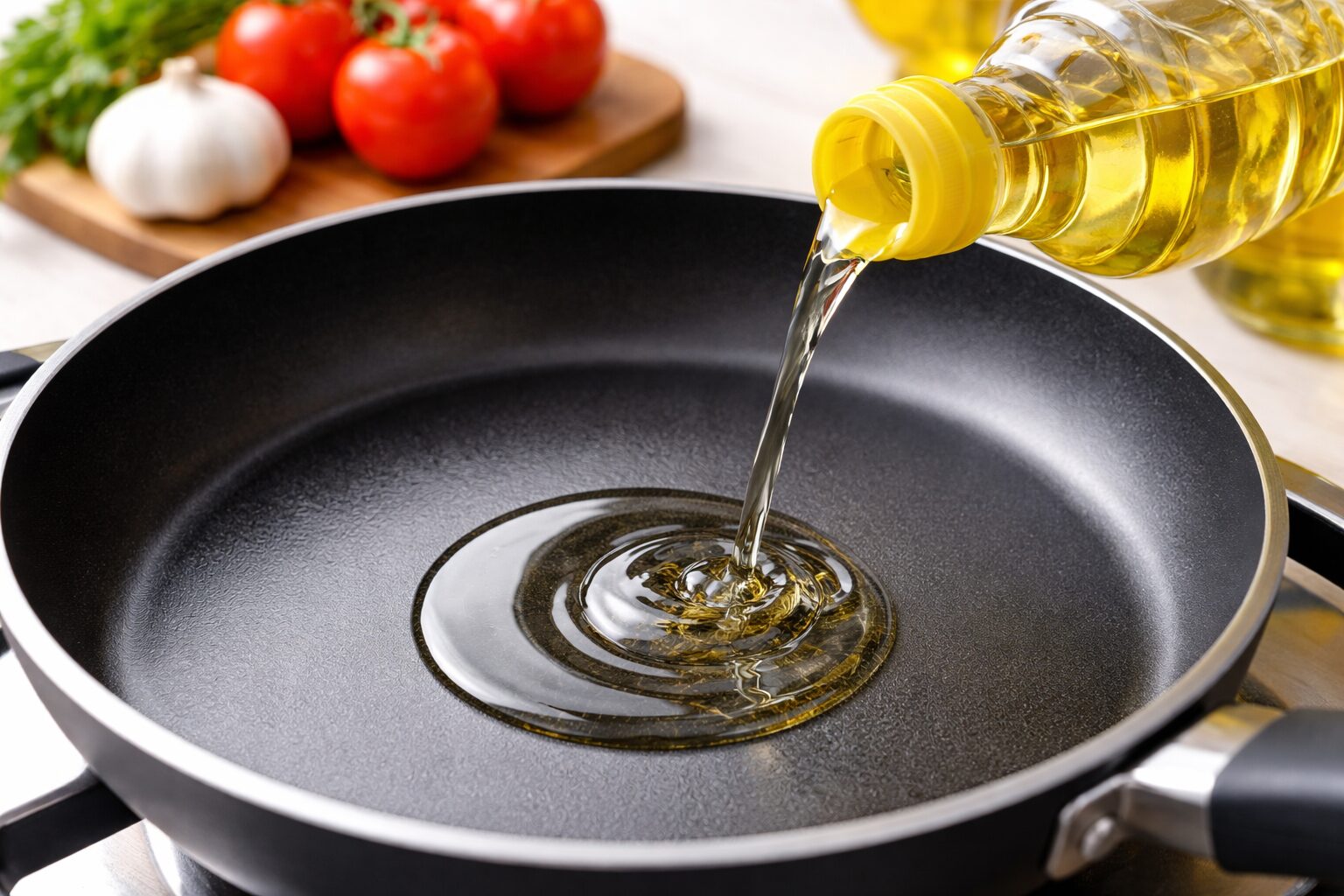 フライパンの中央に食用油を注いでいる調理前の様子。透明な油がボトルから流れ落ち、黒いフライパンの表面に広がっている。
