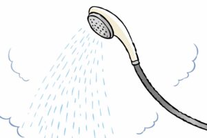 シャワーヘッドから水が勢いよく出ている様子をシンプルな線で描いたイラスト