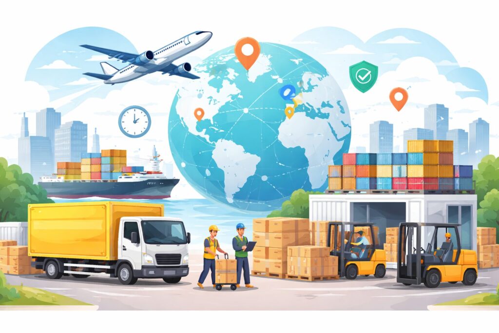 物流ネットワークを表現したイラスト。コンテナを積んだ貨物船、飛行機、配送トラック、フォークリフトが倉庫で荷物を運ぶ様子と、世界地図を背景にした国際物流のイメージ。