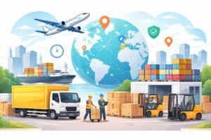 物流ネットワークを表現したイラスト。コンテナを積んだ貨物船、飛行機、配送トラック、フォークリフトが倉庫で荷物を運ぶ様子と、世界地図を背景にした国際物流のイメージ。
