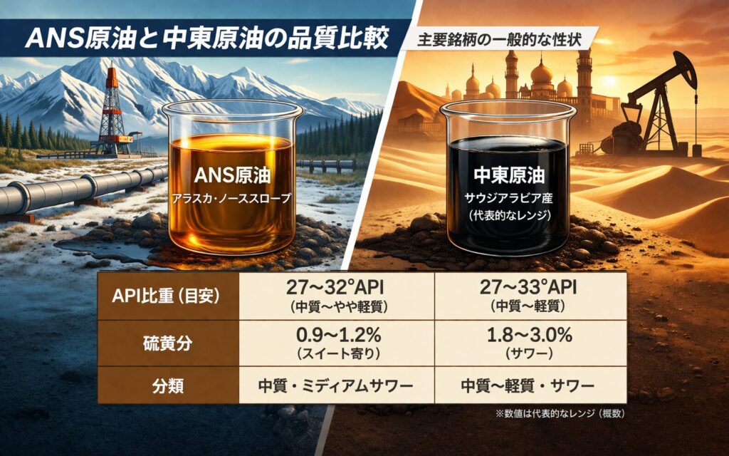 アラスカ・ノーススロープ産のANS原油と中東原油を並べて比較し、API比重・硫黄分・分類の違いを視覚的に示した品質比較イラスト