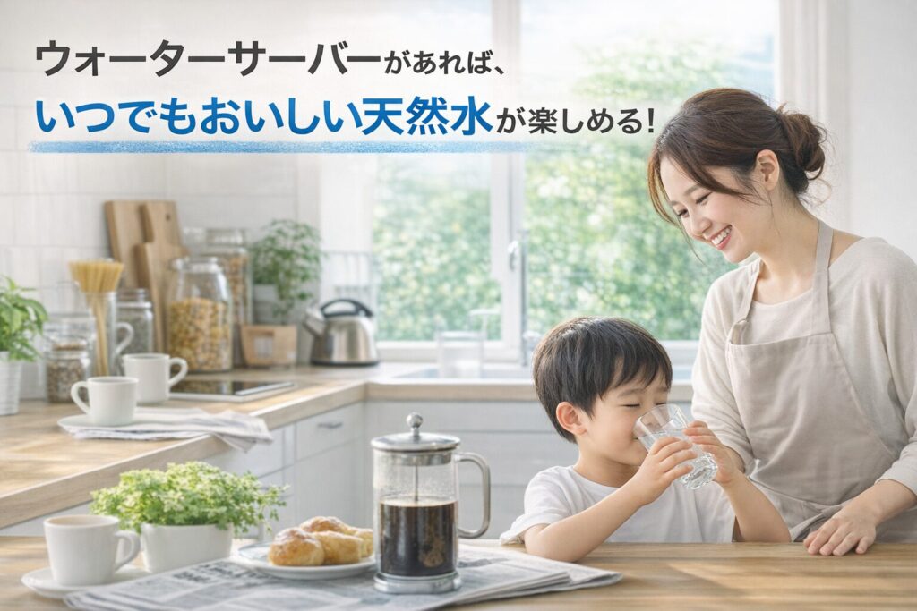 キッチンで母親が見守る中、子どもがコップの水を飲んでいる明るい家庭の様子とウォーターサーバーの利便性を訴求するテキスト入りイメージ