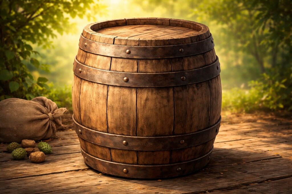 木製の樽が自然光の中で置かれたシンプルなイメージイラスト