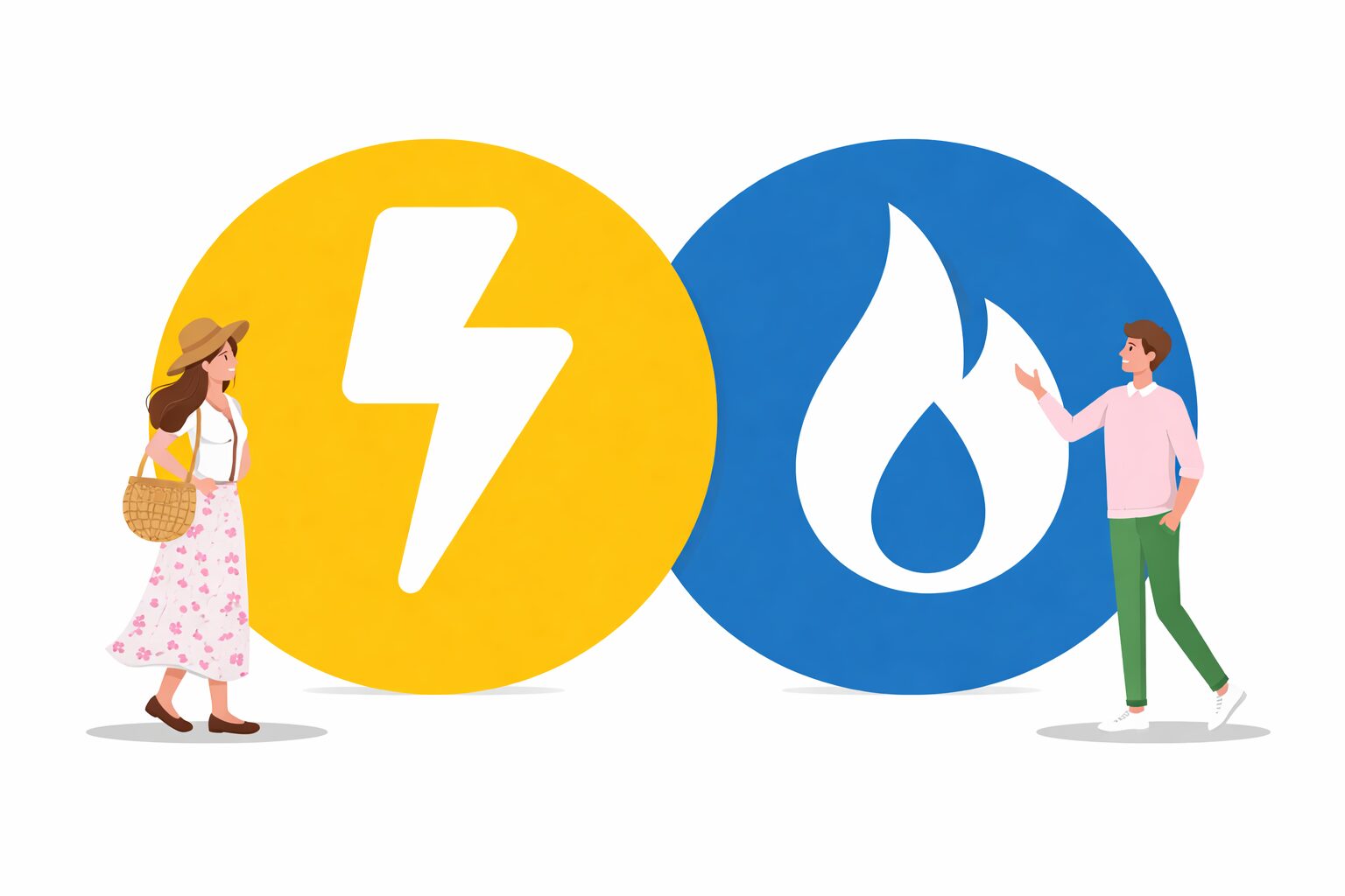 電気(雷マーク)と都市ガス(炎マーク)のアイコンを左右に配置し、それぞれを見つめる男女が対比しているシンプルなイラスト